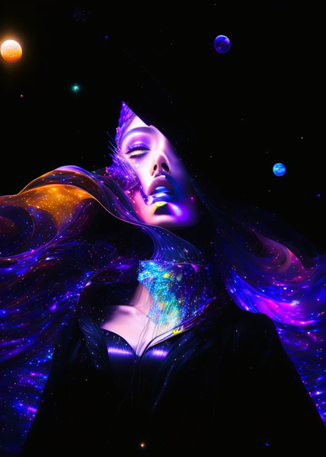 Digital artwork: Woman blending with cosmic theme, hair and body flowing like nebula against colorful planets and