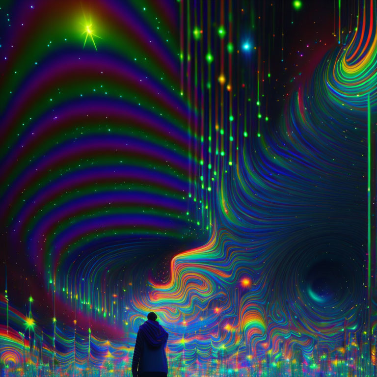 Vibrant psychedelic landscape with swirling patterns and rainbows