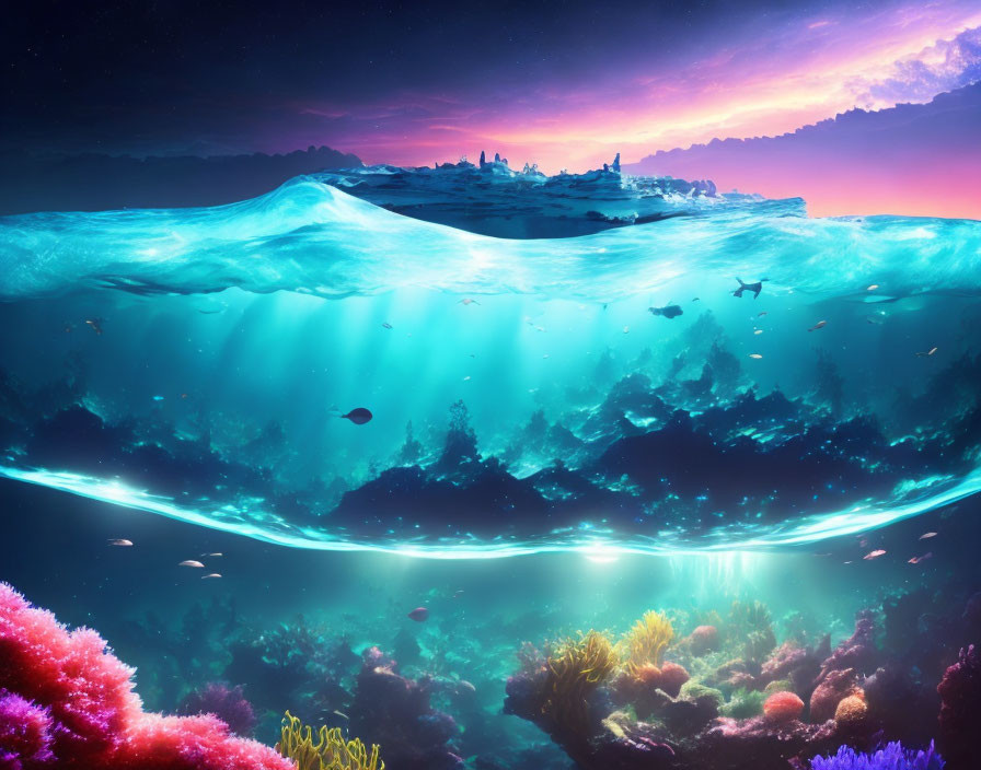 Colorful Coral Reef and Fish in Underwater Scene with Twilight Sky