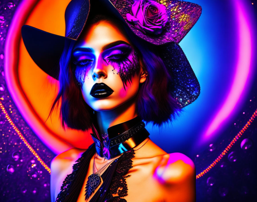 Colorful portrait of woman with purple skin, dramatic makeup, rose in hair, stylish hat, neon