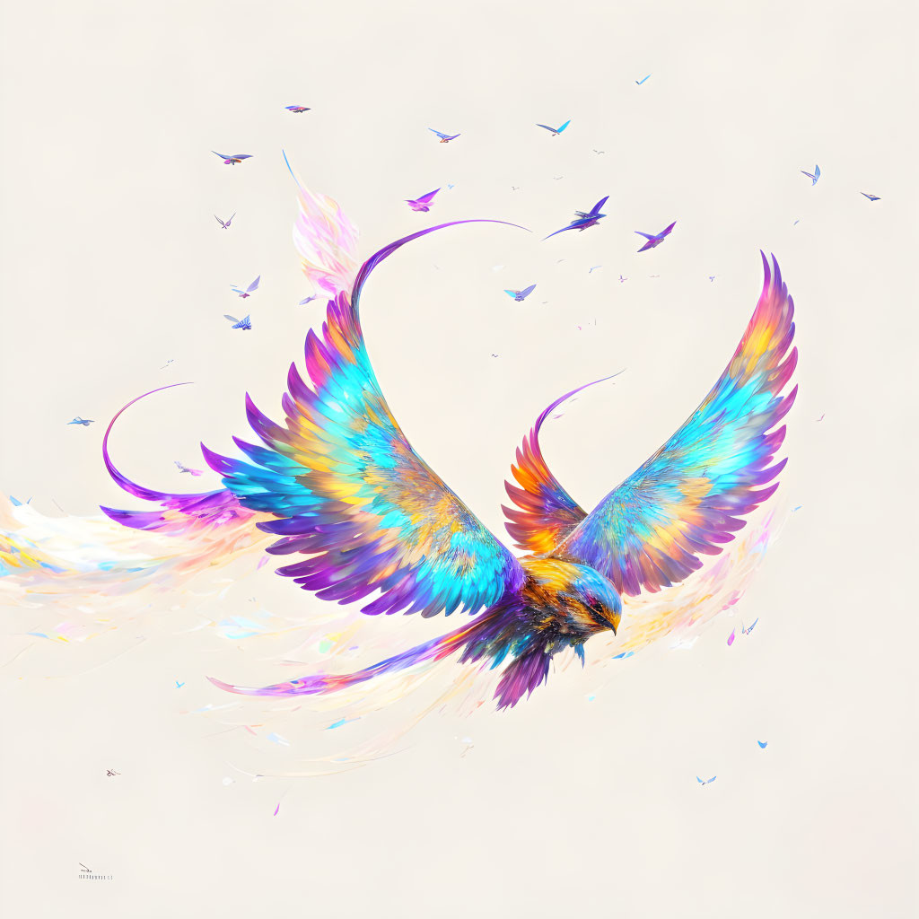 Colorful bird digital art with swirling wings and butterfly shapes