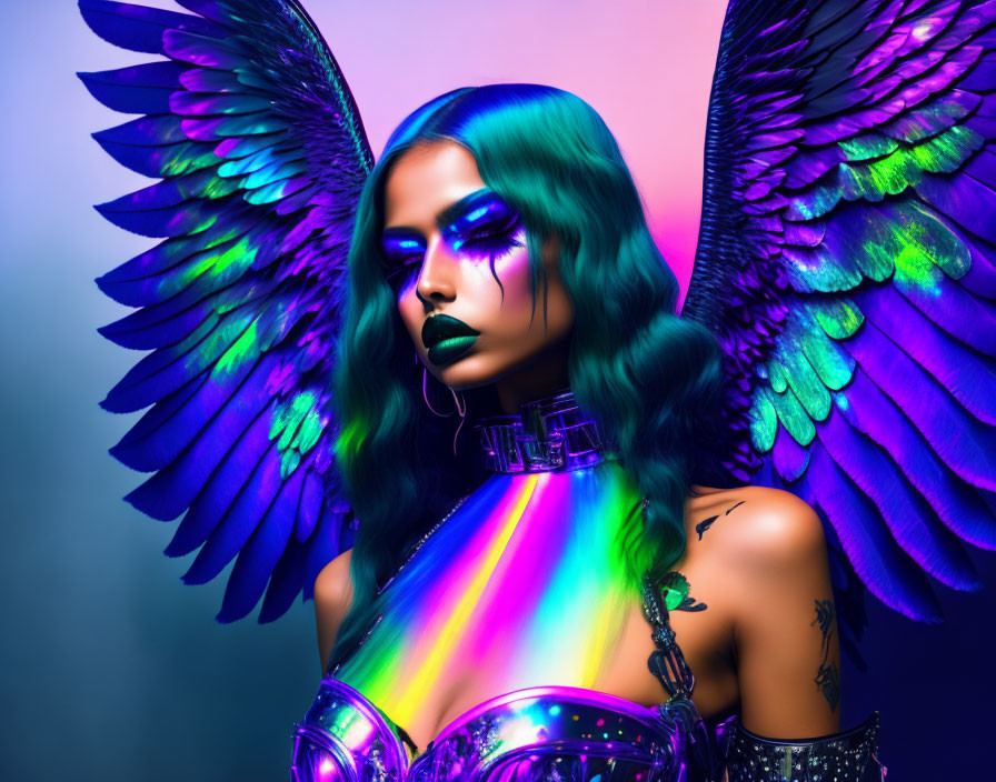 Blue-skinned person with iridescent angel wings in futuristic outfit on gradient background