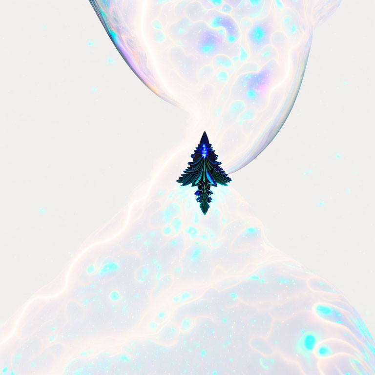 Surreal hourglass with nebula-like substance and pine tree