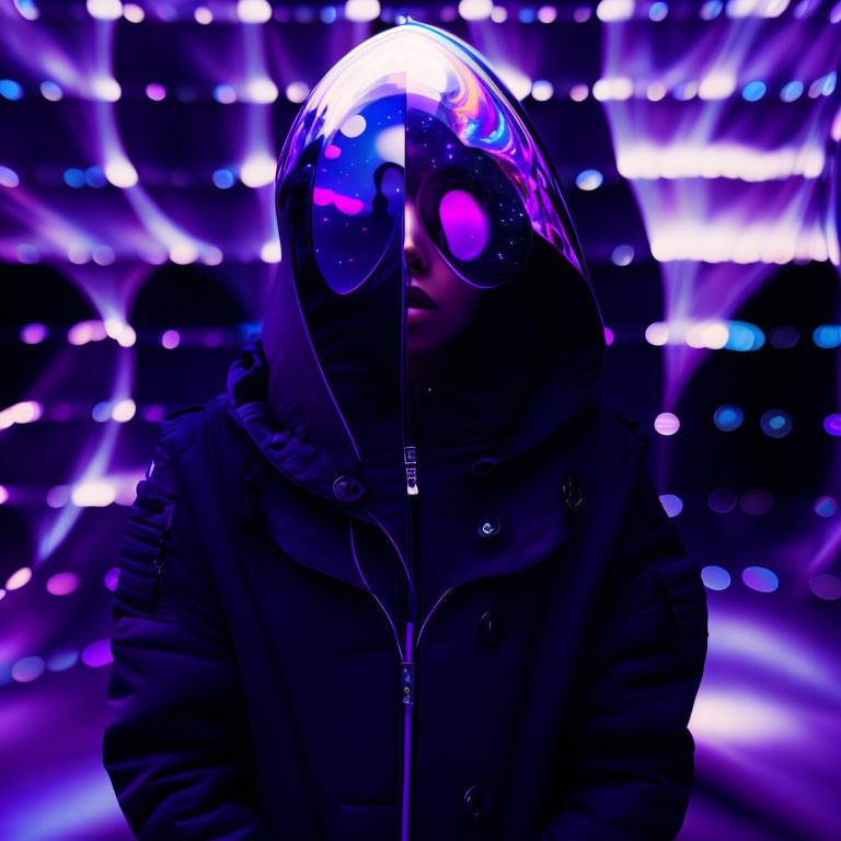 Figure in Dark Coat with Reflective Helmet in Purple Neon Lights