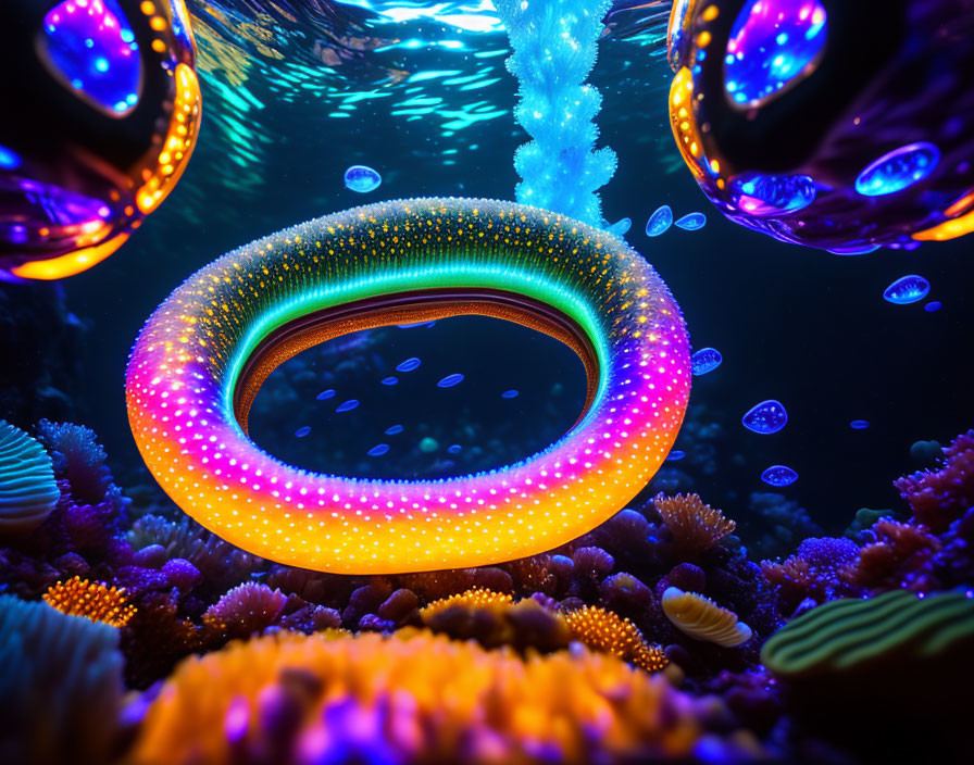 Neon-lit underwater scene with bioluminescent jellyfish & colorful coral