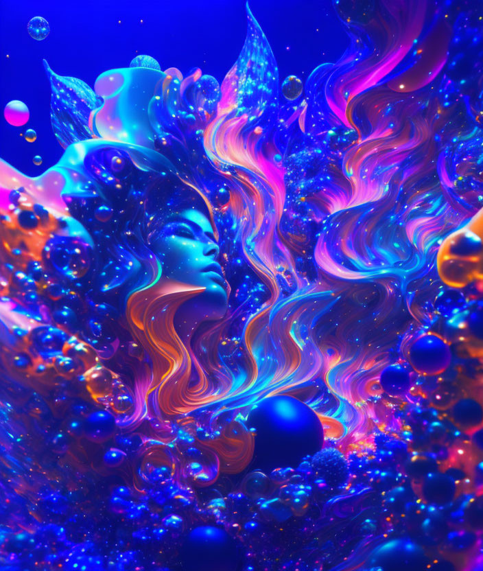 Colorful digital artwork: Woman's face in cosmic swirls, blue and orange hues, bubbles,