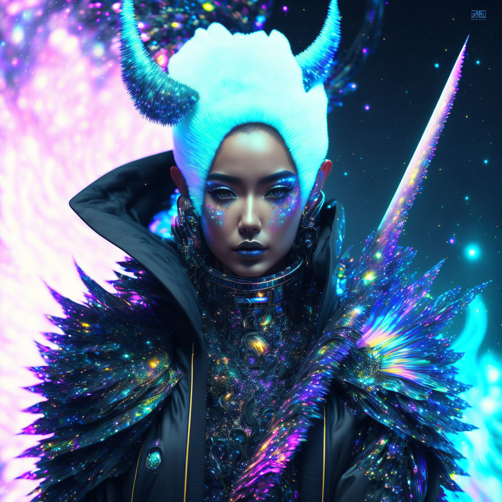 Glowing blue-skinned figure in horned headdress against cosmic backdrop