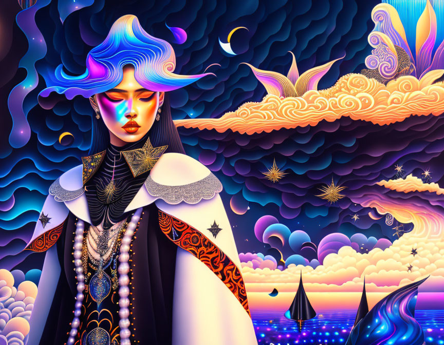 Colorful artwork of woman with blue hair in surreal setting