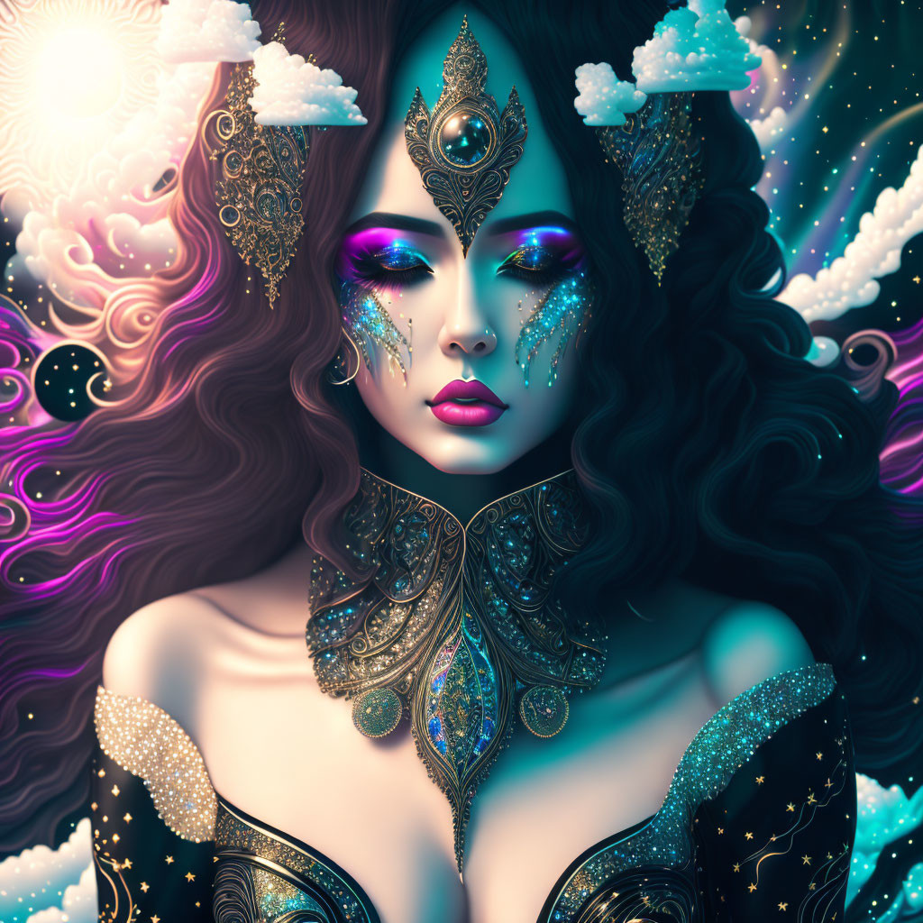 Fantastical portrait of woman with violet eyes and cosmic background