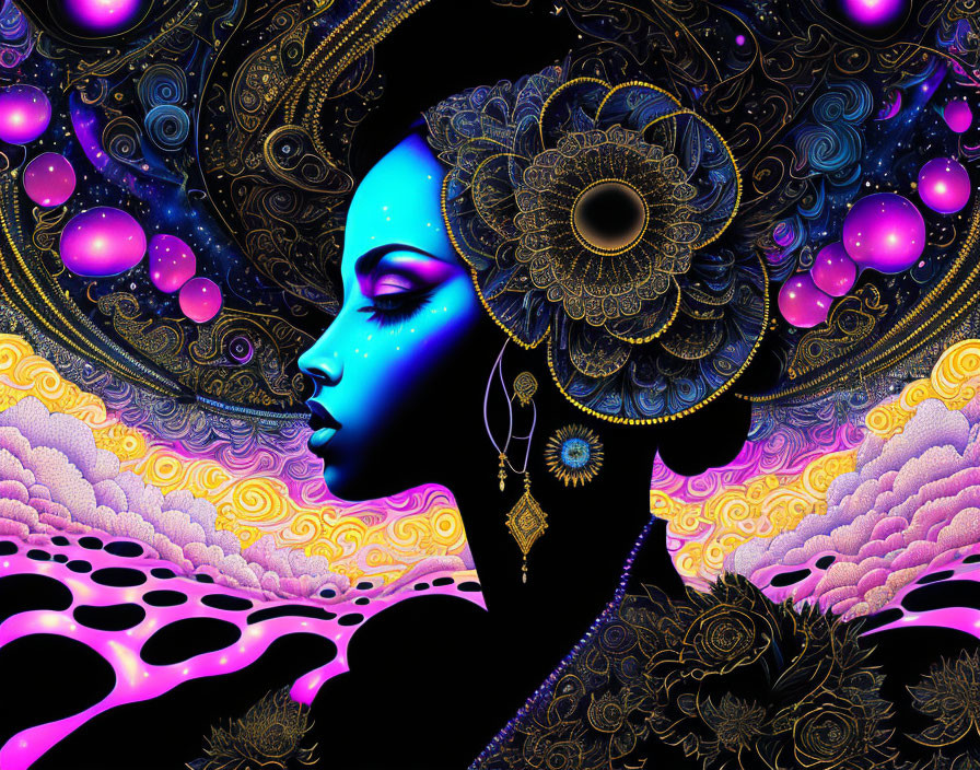 Colorful profile view of blue-skinned woman with golden headdress in digital art