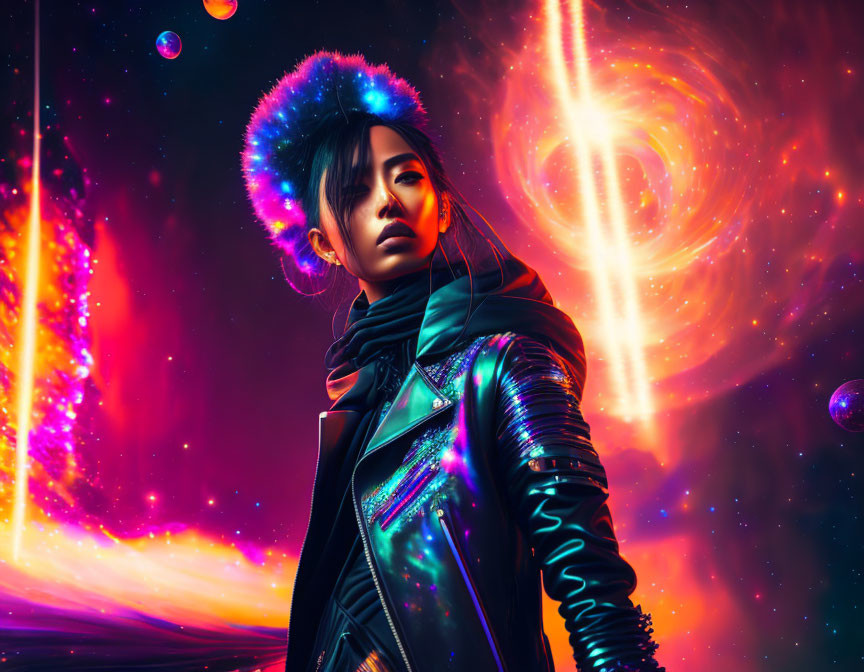 Futuristic woman with glowing earpiece in cosmic setting