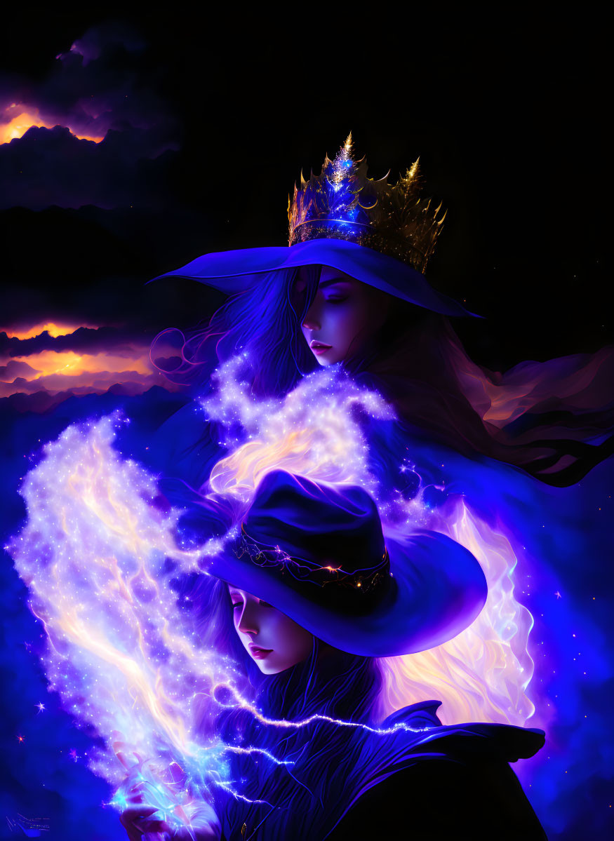 Mystical figures in vibrant blue and purple light with magical aura