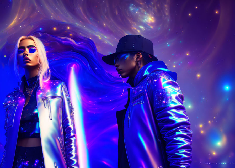 Two individuals in futuristic attire against a cosmic backdrop with swirling galaxies and bright stars