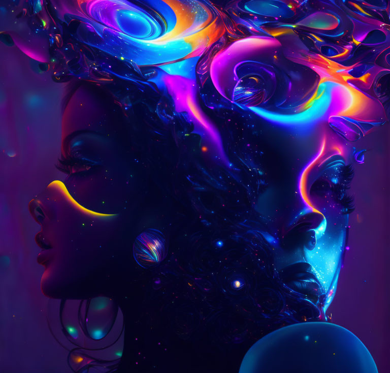 Colorful digital artwork of female profile with cosmic and liquid effects