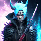 Glowing blue-skinned figure in horned headdress against cosmic backdrop