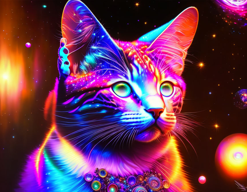 Colorful Cosmic Cat Art with Rainbow Colors and Celestial Elements