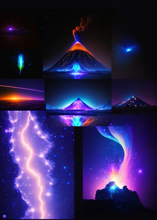 Collage of Nine Night Scenes: Volcanic Eruptions, Celestial Phenomena, Neon