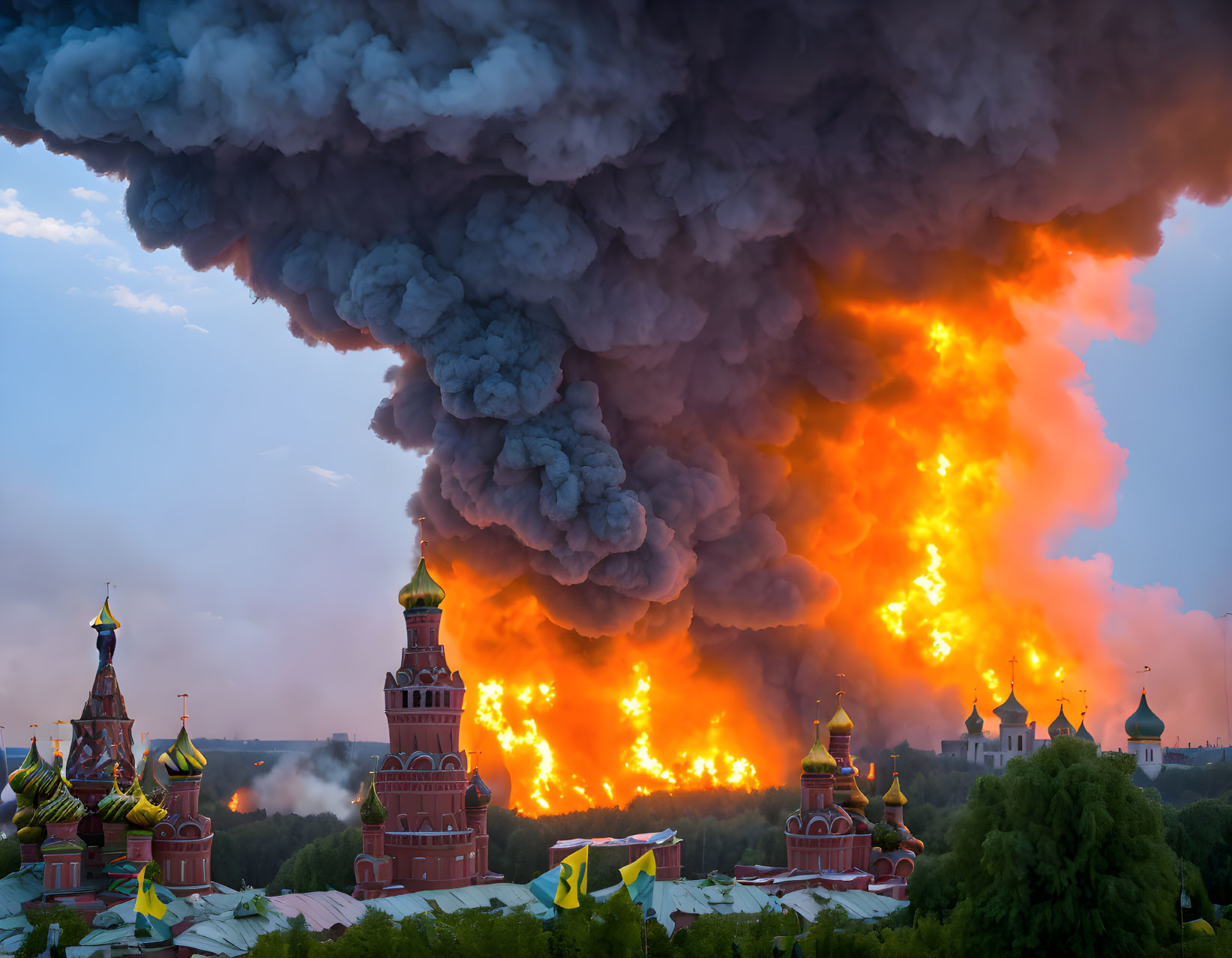 Massive fire with billowing smoke over historic buildings at dusk