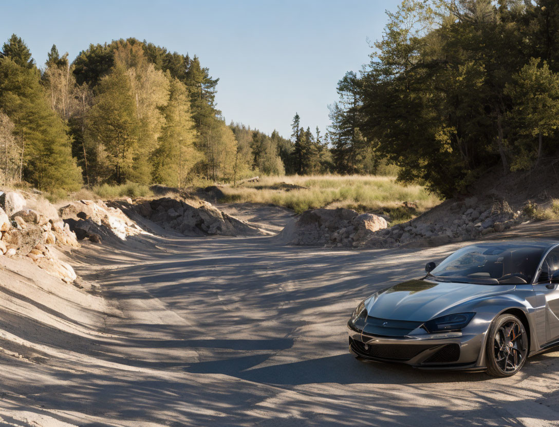 Sleek sports car on forest road at sunset with long shadows