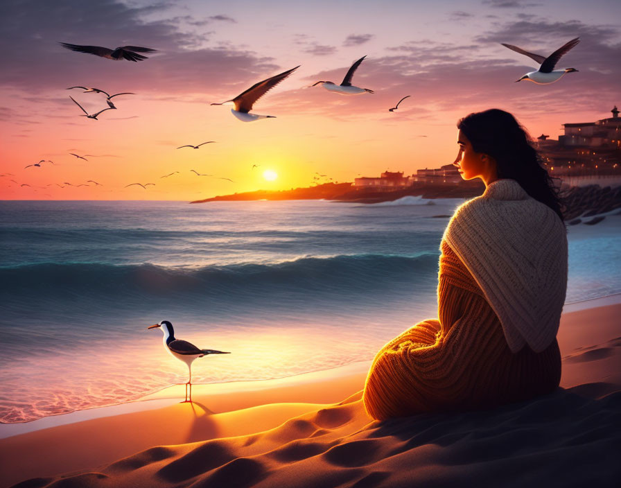 Person in cozy sweater watching seagulls on beach at sunset