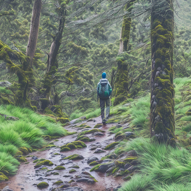 Hiker with backpack and walking stick on wet trail in moss-covered forest