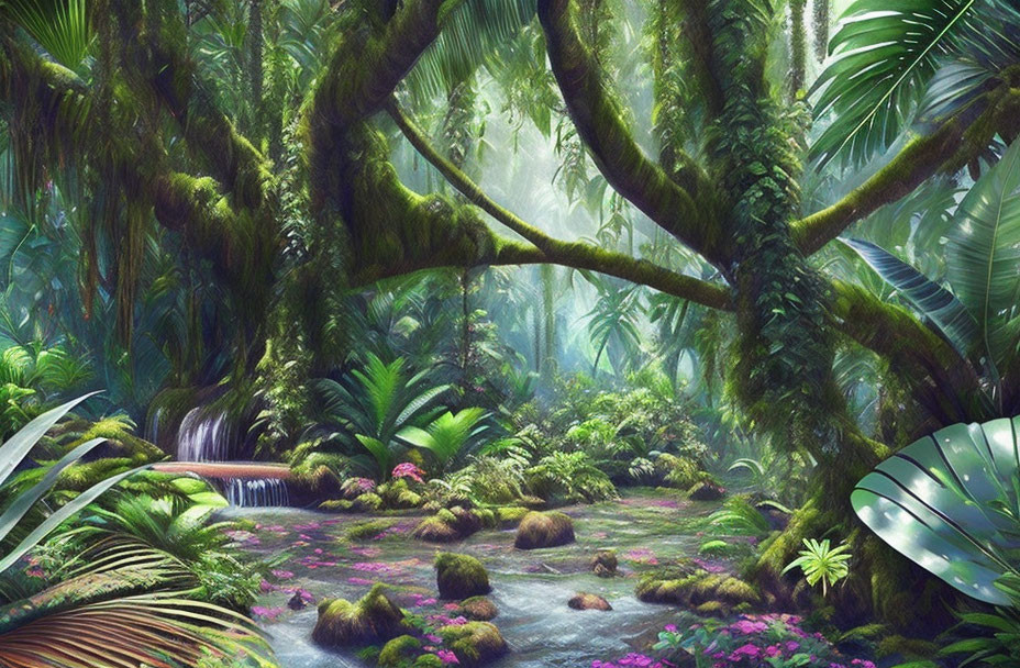 Lush jungle scene with moss-covered trees, waterfall, dense foliage, and pink flowers