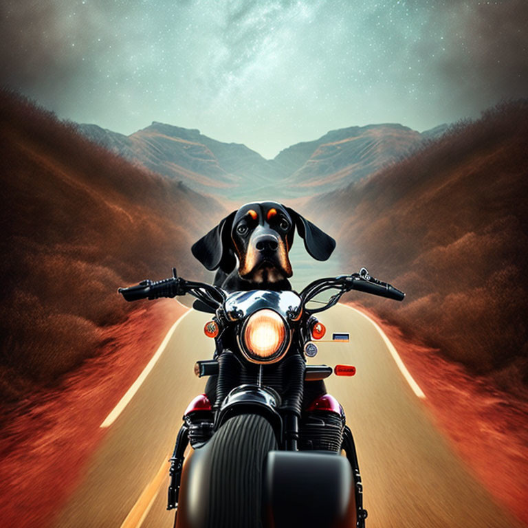 Dog wearing goggles riding motorcycle on open road with canyons and starry sky