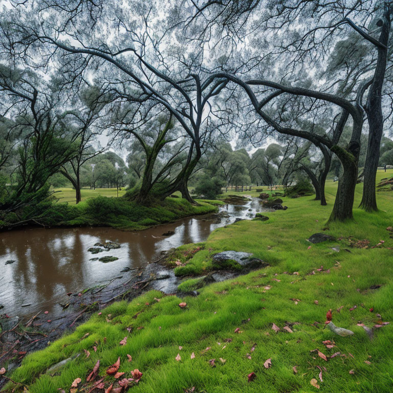 Tranquil landscape with gnarled trees, muddy river, green grass, and red leaves