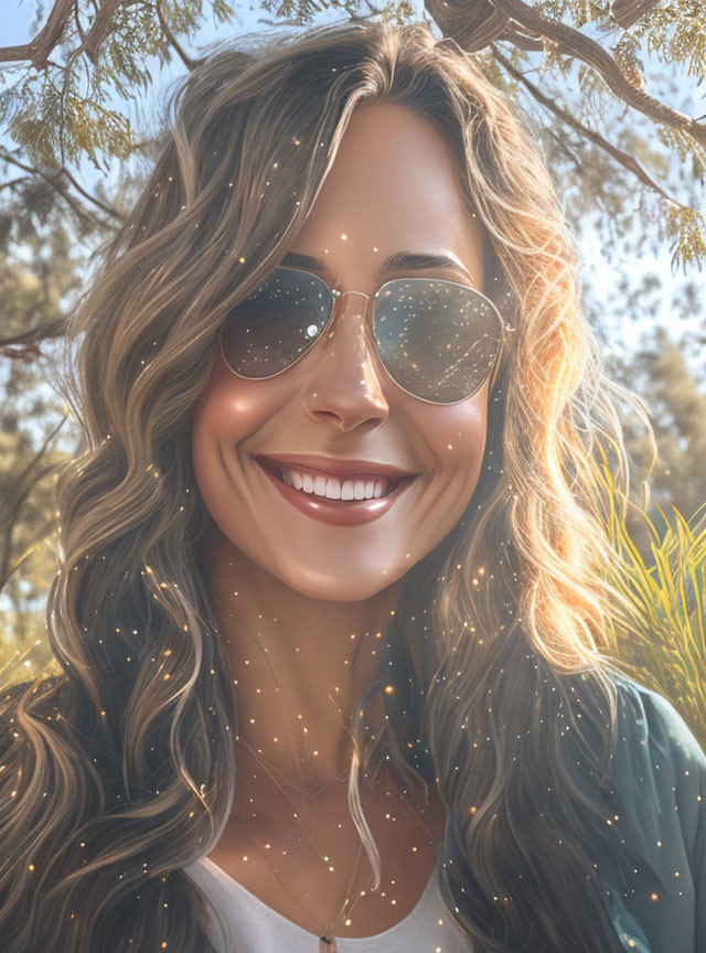 Smiling woman with sunglasses in sunny forest scene