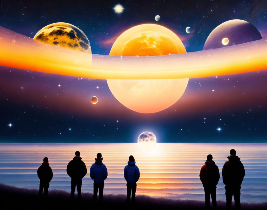 Group of People Viewing Surreal Seascape with Planets and Sunset