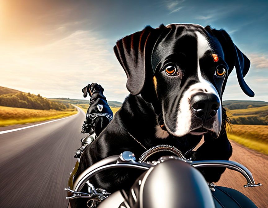 Black and White Dog in Sunglasses Riding Motorcycle on Scenic Road at Sunset