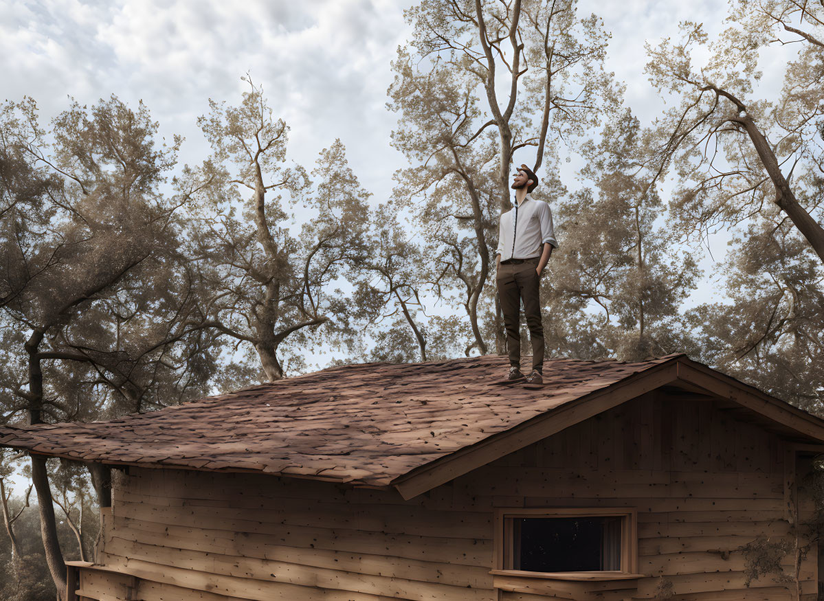 Man on wooden cabin roof surrounded by trees under overcast sky