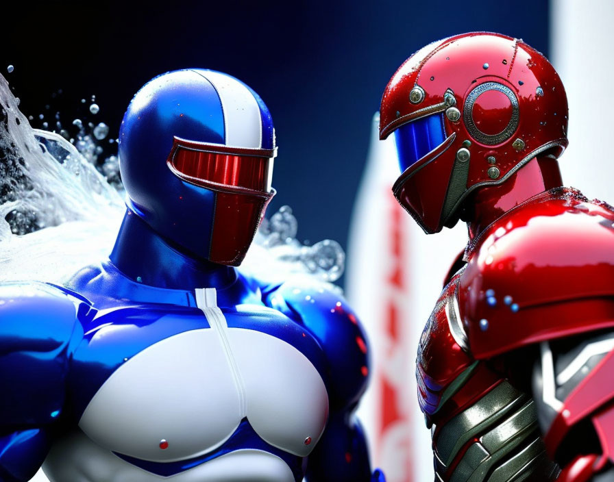 Futuristic blue and white robot meets red and silver robot in water splash scene