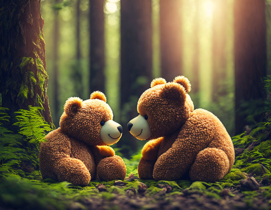 Teddy bears in sunlit forest with green moss and trees