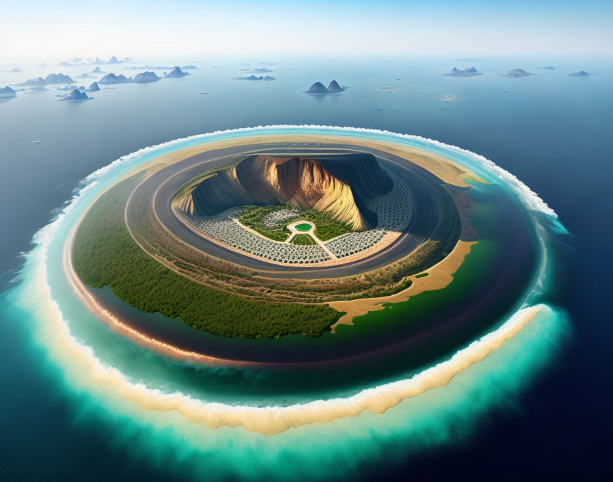 Circular Island with Central Mountain Surrounded by Lush Greenery and Turquoise Waters