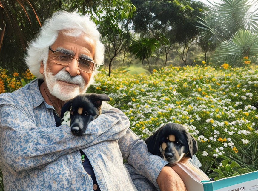 Elderly man with white hair holding two puppies in sunny garden