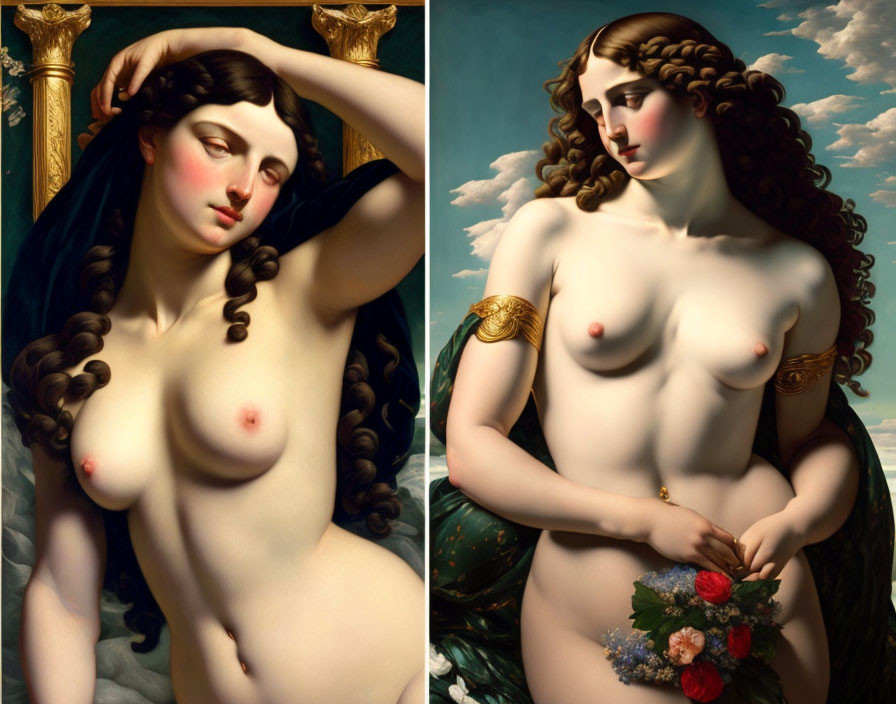 Diptych of Classical-Style Paintings: Woman with Long Curly Hair, Gold Armb