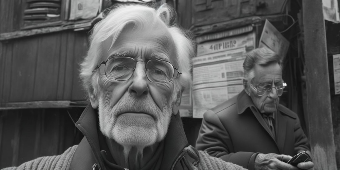 Black and white image of older man with glasses and white hair staring at camera, another man on phone