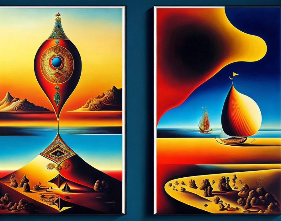 Vibrant Surrealistic Diptych Art: Abstract Landscape with Geometric Shapes