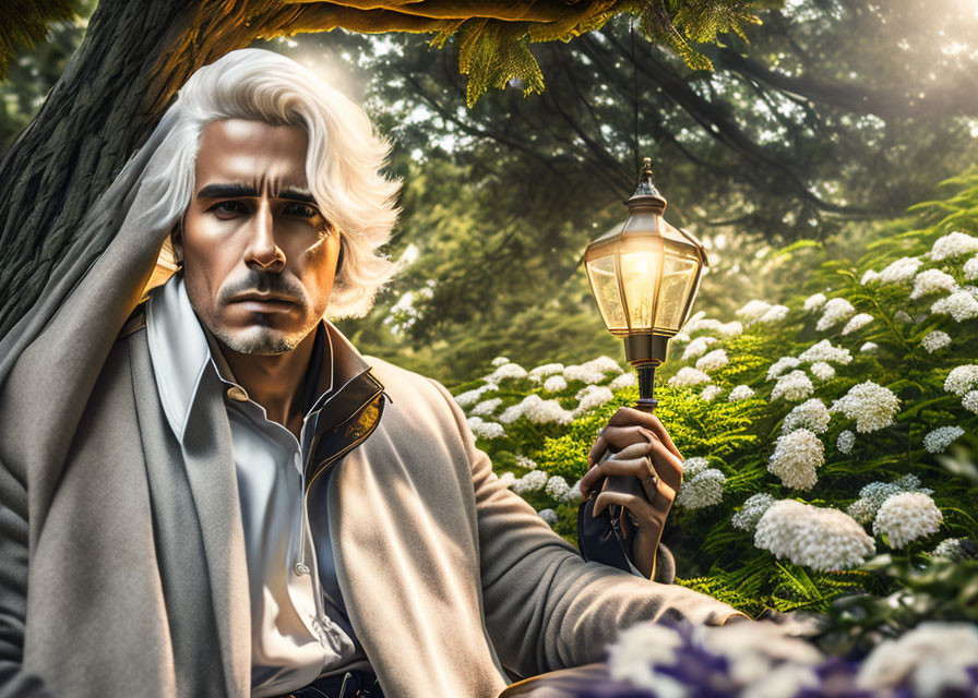 Silver-Haired Man in Historical Clothing with Lantern Near Blooming Flowers