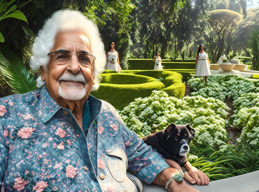 Elderly man with white hair smiles next to black dog in garden with women in white dresses