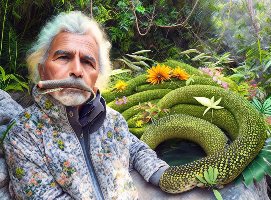 Elderly man with white hair and mustache beside green snake in vibrant jungle.