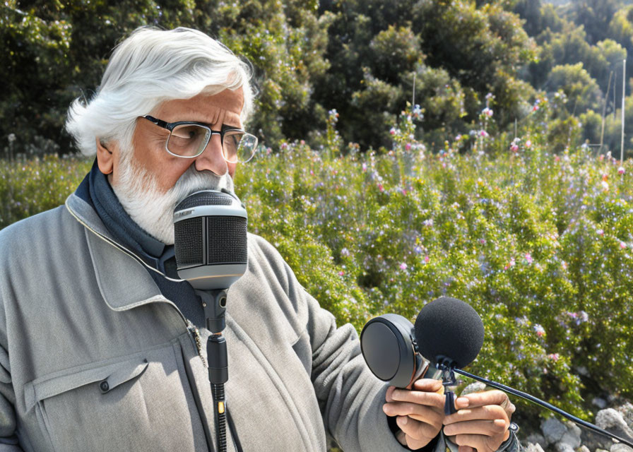 Elderly Man Recording Sound with Microphone in Natural Setting