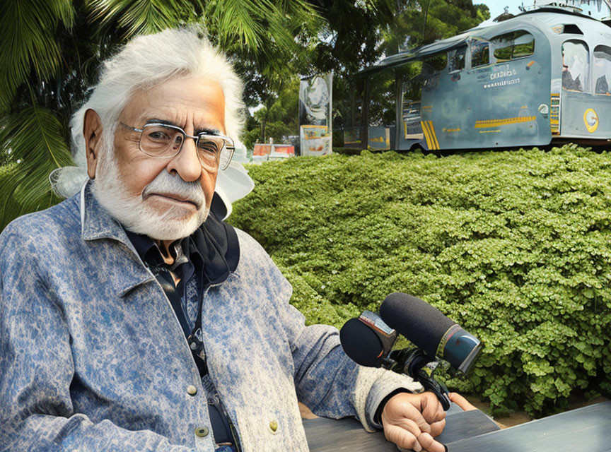 Elderly man with white hair and beard sitting at outdoor table with microphones