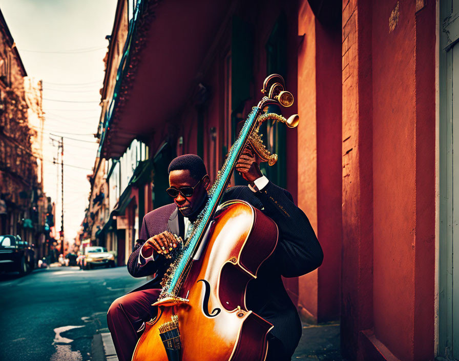 Man in sunglasses playing double bass on sunny street with warm-toned buildings