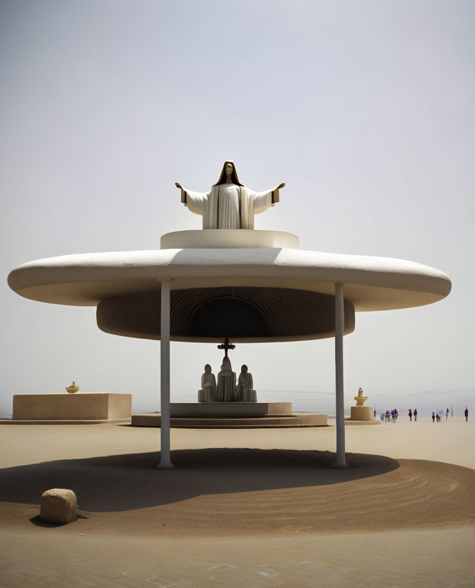 Statue of Jesus on UFO Canopy Surrounded by Desert Statues