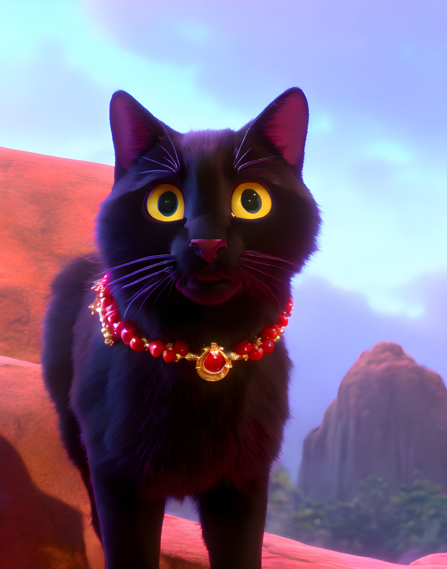 3D-rendered black cat with yellow eyes and red necklace in rocky setting