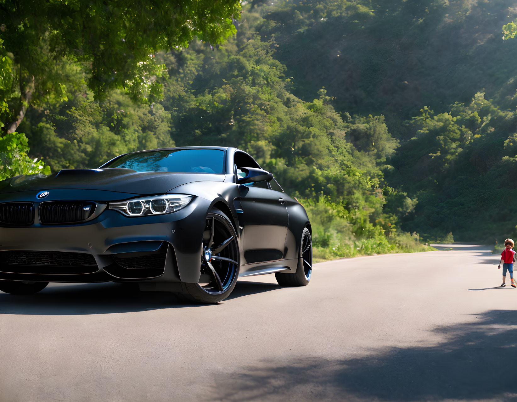 Black BMW Car Parked on Road with Lush Greenery and Child Standing Nearby