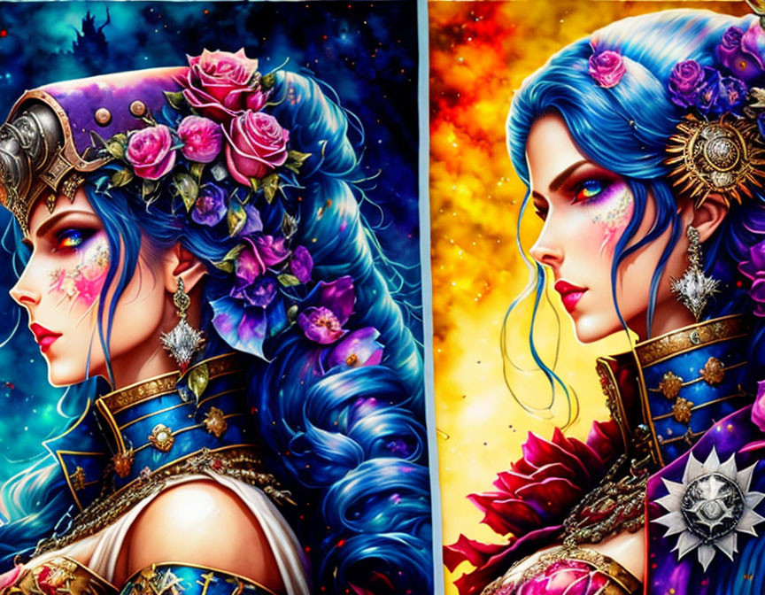 Stylized portraits of women with vibrant blue hair and ornate gold jewelry on cosmic backgrounds