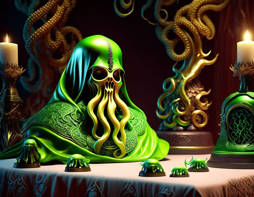 Mysterious figure in green cloak with tentacles and candles